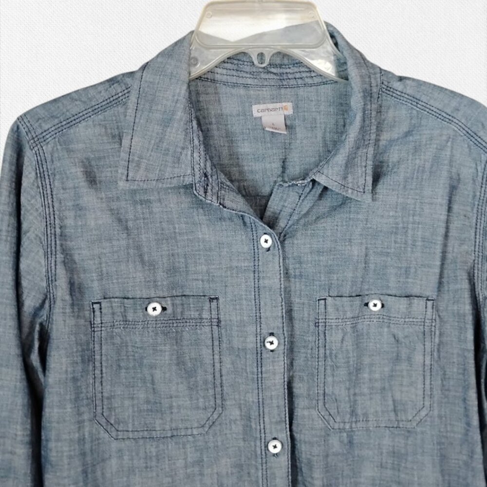Carhartt Denim Chambray Button Up Blue Top Shirt Blouse L Large 12/14 - Picture 3 of 5